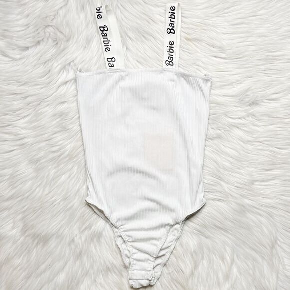 Missguided x Barbie Strapped Straight Neck Ribbed Bodysuit White & Black Size 2 - Picture 1 of 6